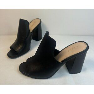 Aldo Legossa Black Leather Open Toe Mule Size 8 Block Heels Boho Western Slip On